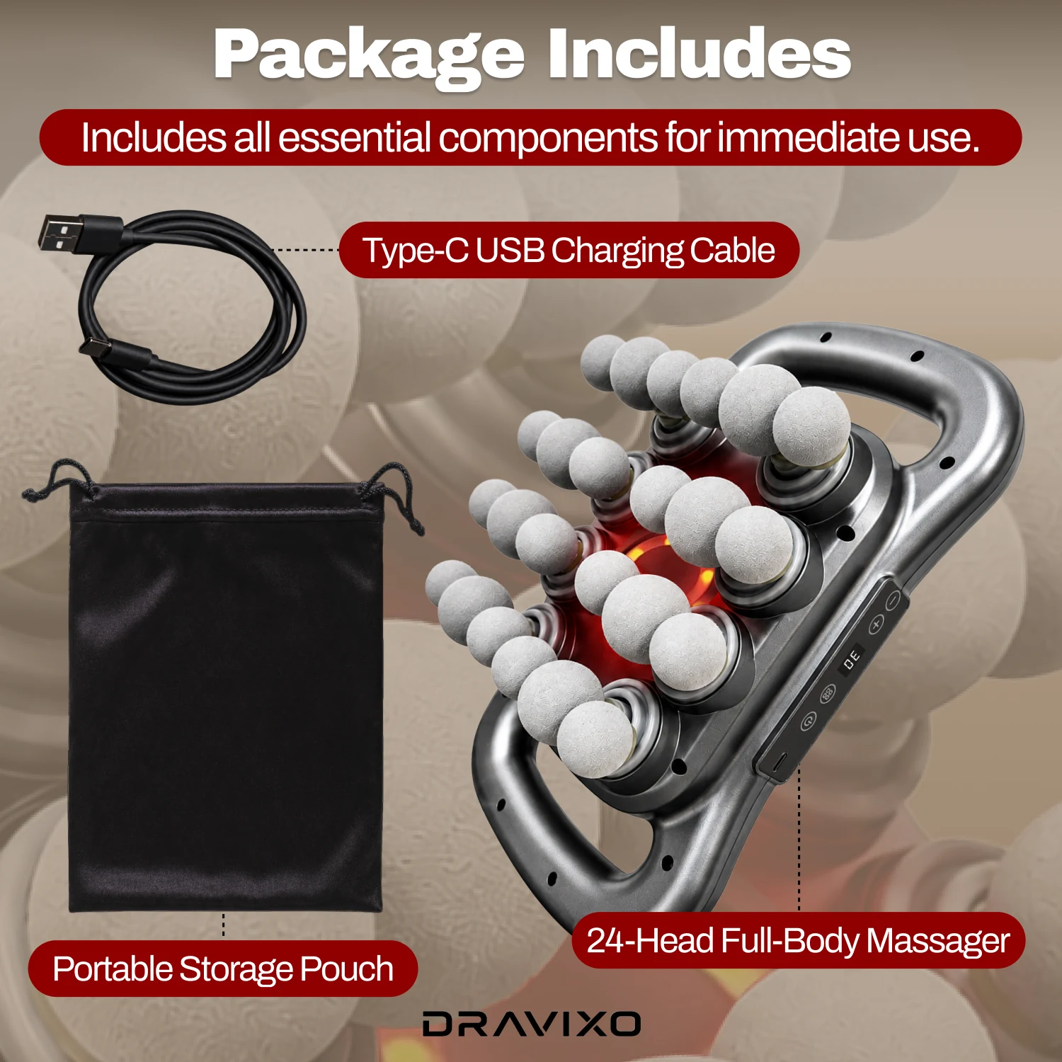 DRAVIXO massage device, USB-C charging cable, and included storage pouch