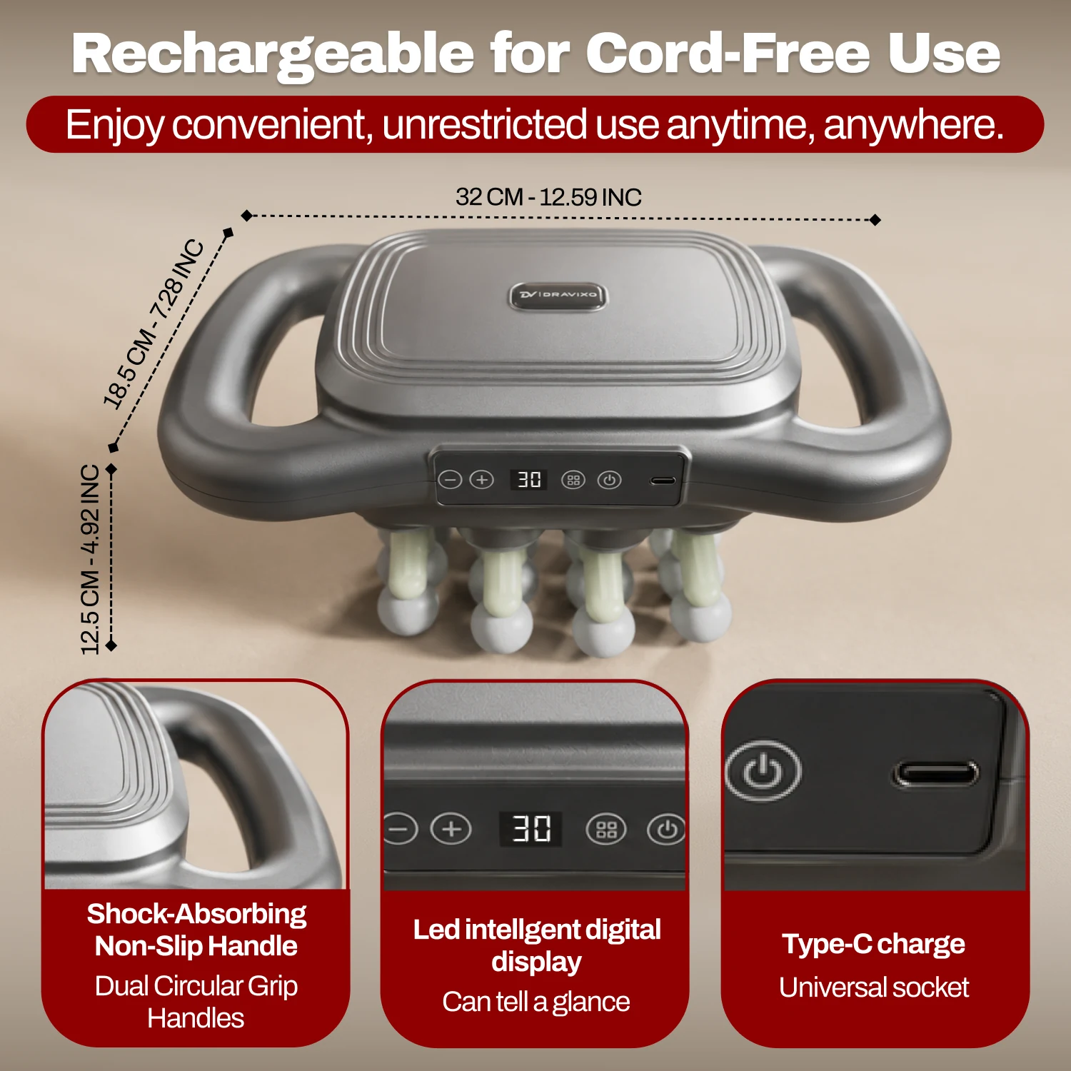 DRAVIXO rechargeable massager, dimensions, controls, and USB-C charging connection